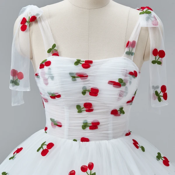 Fairytale White Cherry Prom Dresses 2024 Ruffle Tulle Spaghetti Straps Sleeveless A-Line