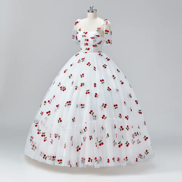 Fairytale White Cherry Prom Dresses 2024 Ruffle Tulle Spaghetti Straps Sleeveless A-Line / Princess Homecoming Ball Gown Formal Dresses