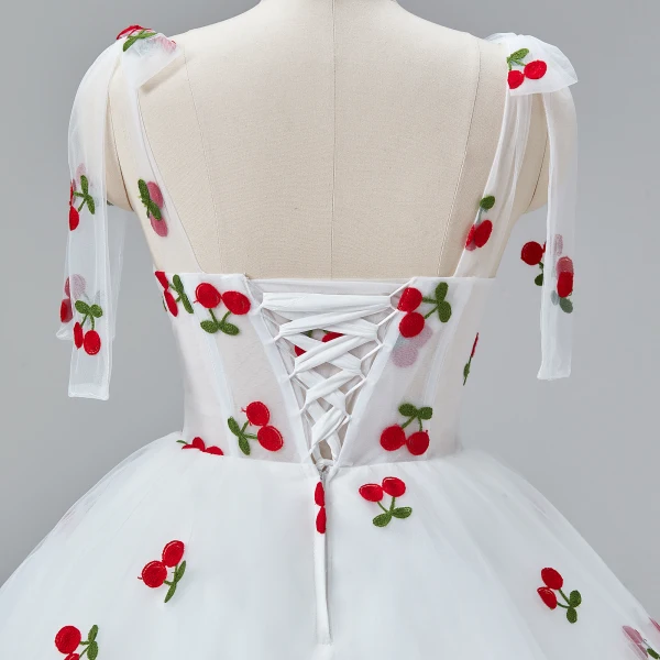 Fairytale White Cherry Prom Dresses 2024 Ruffle Tulle Spaghetti Straps Sleeveless A-Line