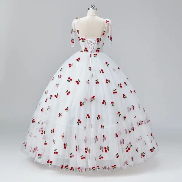 Fairytale White Cherry Prom Dresses 2024 Ruffle Tulle Spaghetti Straps Sleeveless A-Line / Princess Homecoming Ball Gown Formal Dresses