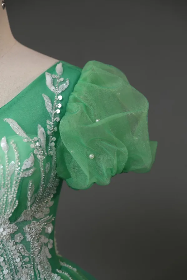 Chic / Beautiful Green Beading Pearl Sequins Prom Dresses 2023 Ball Gown V-Neck Puffy Short Sleeve Backless Floor-Length / Long Prom Formal Dresses