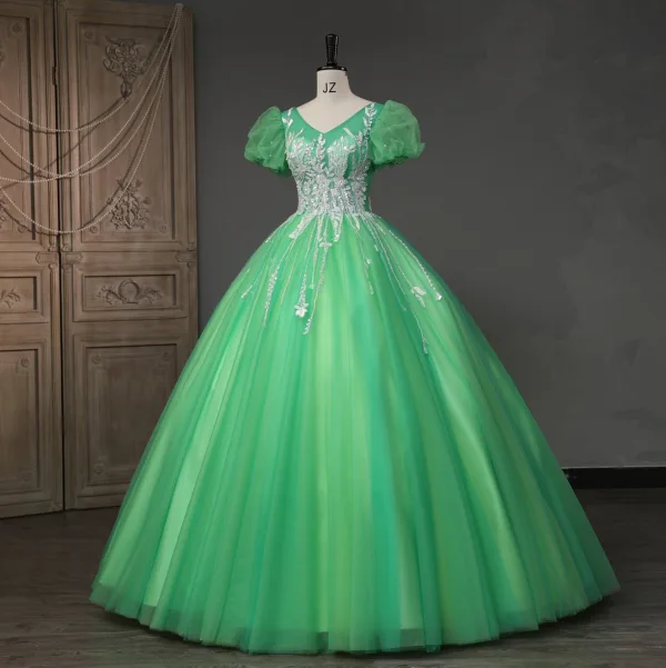 Chic / Beautiful Green Beading Pearl Sequins Prom Dresses 2023 Ball Gown V-Neck Puffy Short Sleeve Backless Floor-Length / Long Prom Formal Dresses