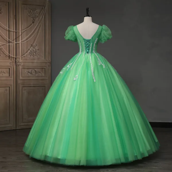Chic / Beautiful Green Beading Pearl Sequins Prom Dresses 2023 Ball Gown V-Neck Puffy Short Sleeve Backless Floor-Length / Long Prom Formal Dresses