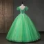 Chic / Beautiful Green Beading Pearl Sequins Prom Dresses 2023 Ball Gown V-Neck Puffy Short Sleeve Backless Floor-Length / Long Prom Formal Dresses