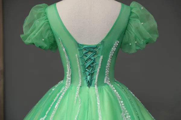 Chic / Beautiful Green Beading Pearl Sequins Prom Dresses 2023 Ball Gown V-Neck Puffy Short Sleeve Backless Floor-Length / Long Prom Formal Dresses