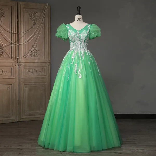 Chic / Beautiful Green Beading Pearl Sequins Prom Dresses 2023 Ball Gown V-Neck Puffy Short Sleeve Backless Floor-Length / Long Prom Formal Dresses