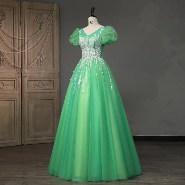 Chic / Beautiful Green Beading Pearl Sequins Prom Dresses 2023 Ball Gown V-Neck Puffy Short Sleeve Backless Floor-Length / Long Prom Formal Dresses