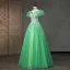 Chic / Beautiful Green Beading Pearl Sequins Prom Dresses 2023 Ball Gown V-Neck Puffy Short Sleeve Backless Floor-Length / Long Prom Formal Dresses