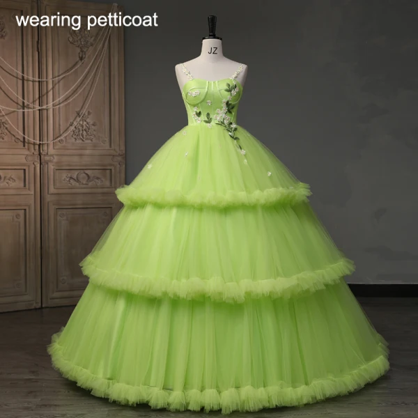 Modern / Fashion Lime Green Daisy Cascading Ruffles Prom Dresses 2023 A-Line / Princess Spaghetti Straps Sleeveless Backless Lace Flower Floor-Length / Long Prom Formal Dresses