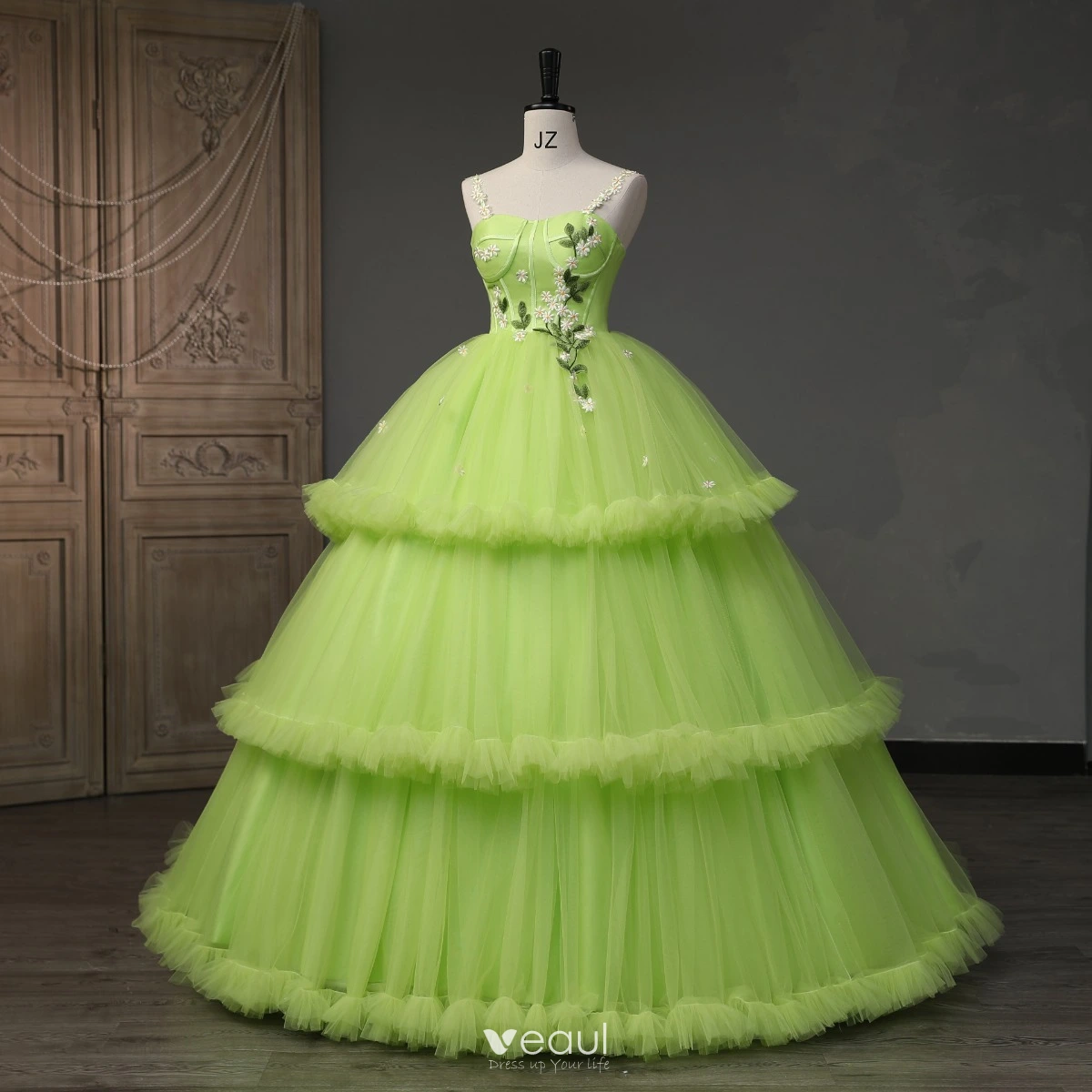 green emerald velvet dress Charming Off Shoulder A-line Tulle Backless Puffy Prom Dresses, FC4423   Dairy Bridal