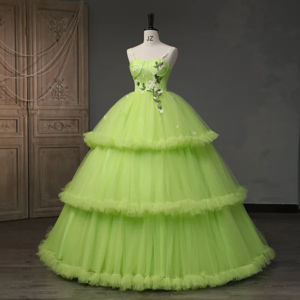 Modern / Fashion Lime Green Daisy Cascading Ruffles Prom Dresses 2023 A-Line / Princess Spaghetti Straps Sleeveless Backless Lace Flower Floor-Length / Long Prom Formal Dresses