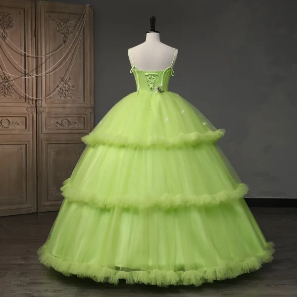 Modern / Fashion Lime Green Daisy Cascading Ruffles Prom Dresses 2023 A-Line / Princess Spaghetti Straps Sleeveless Backless Lace Flower Floor-Length / Long Prom Formal Dresses