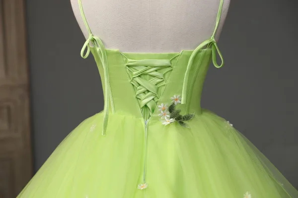 Modern / Fashion Lime Green Daisy Cascading Ruffles Prom Dresses 2023 A-Line / Princess Spaghetti Straps Sleeveless Backless Lace Flower Floor-Length / Long Prom Formal Dresses