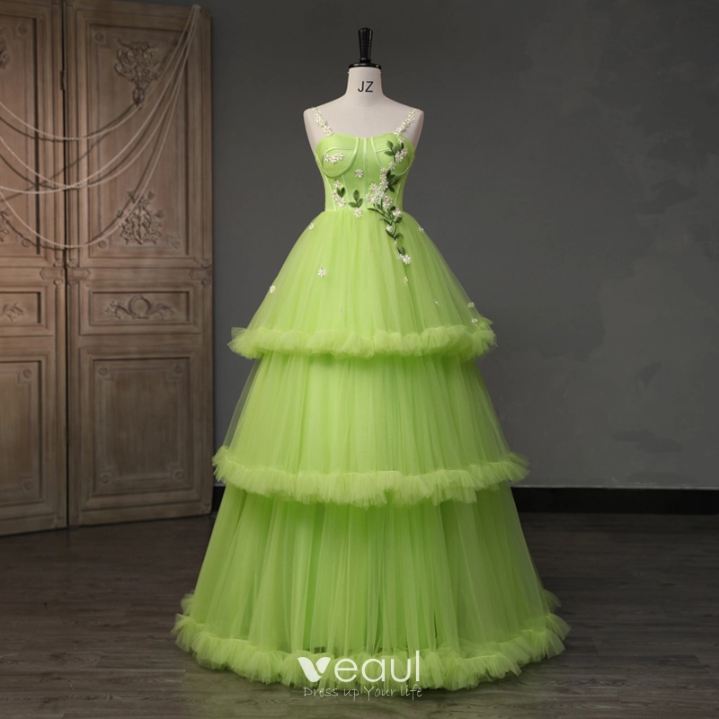 Modern / Fashion Lime Green Daisy Cascading Ruffles Prom Dresses 2023  A-Line / Princess Spaghetti Straps Sleeveless Backless Lace Flower  Floor-Length / Long Prom Formal Dresses