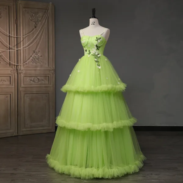 Modern / Fashion Lime Green Daisy Cascading Ruffles Prom Dresses 2023 A-Line / Princess Spaghetti Straps Sleeveless Backless Lace Flower Floor-Length / Long Prom Formal Dresses