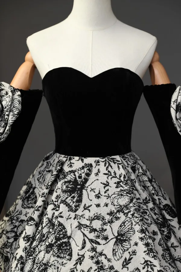 Vintage / Retro Black Butterfly Printing Prom Dresses 2023 Ball Gown Strapless Short Sleeve Backless Floor-Length / Long Prom Formal Dresses
