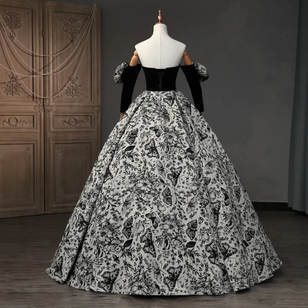 Vintage / Retro Black Butterfly Printing Prom Dresses 2023 Ball Gown Strapless Short Sleeve Backless Floor-Length / Long Prom Formal Dresses