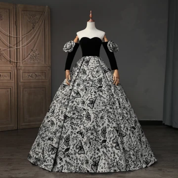 Vintage Originale Noire Papillon Impression Robe De Bal 2023 Robe Boule Bustier Manches Courtes Dos Nu Longue Promo Robe De Ceremonie
