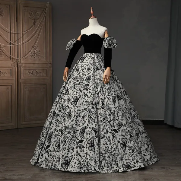 Vintage / Retro Black Butterfly Printing Prom Dresses 2023 Ball Gown Strapless Short Sleeve Backless Floor-Length / Long Prom Formal Dresses