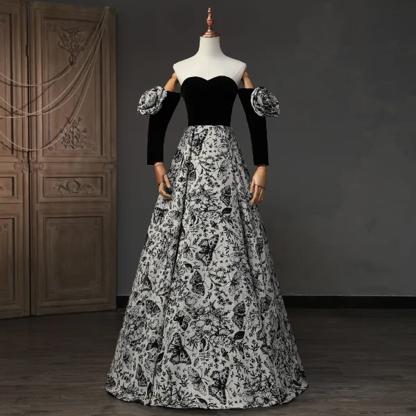Vintage / Retro Black Butterfly Printing Prom Dresses 2023 Ball Gown Strapless Short Sleeve Backless Floor-Length / Long Prom Formal Dresses