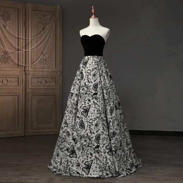 Vintage / Retro Black Butterfly Printing Prom Dresses 2023 Ball Gown Strapless Short Sleeve Backless Floor-Length / Long Prom Formal Dresses