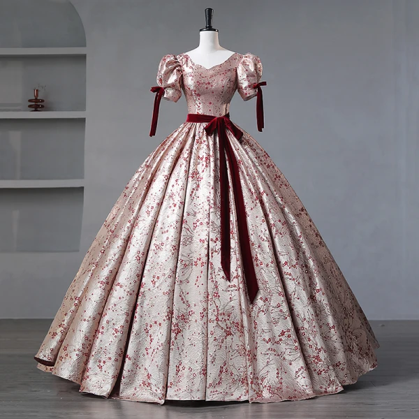 Vintage / Retro Burgundy Painted Floral Prom Dresses 2023 Square Neckline Short Sleeve Floor-Length / Long A-Line / Princess Quinceañera Formal Dresses