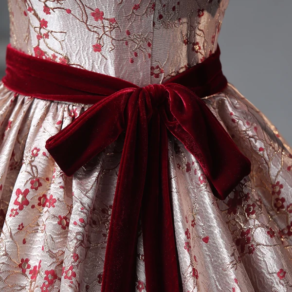 Vintage / Retro Burgundy Painted Floral Prom Dresses 2023 Square Neckline Short Sleeve Floor-Length / Long A-Line / Princess Quinceañera Formal Dresses