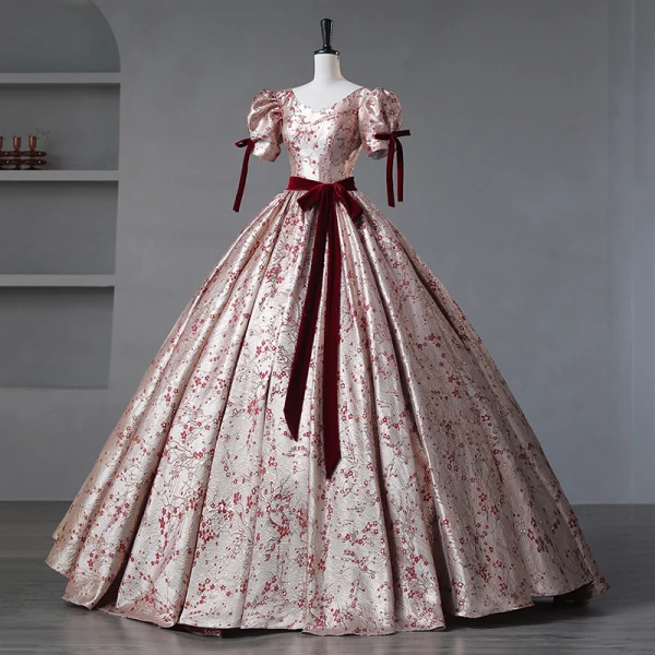 Vintage / Retro Burgundy Painted Floral Prom Dresses 2023 Square Neckline Short Sleeve Floor-Length / Long A-Line / Princess Quinceañera Formal Dresses