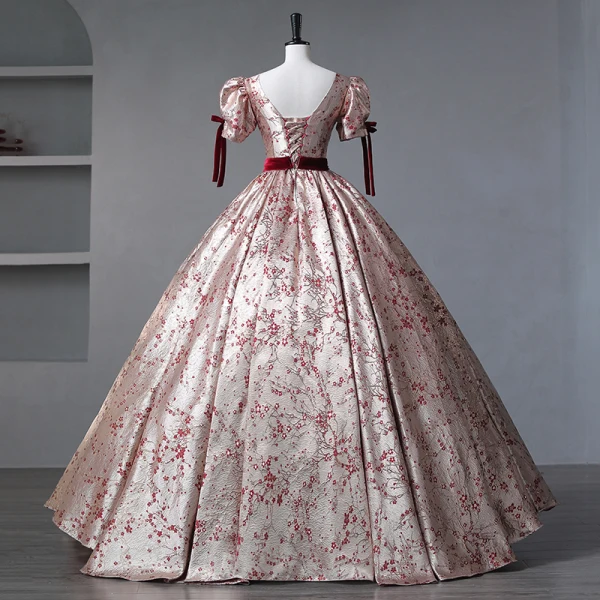Vintage / Retro Burgundy Painted Floral Prom Dresses 2023 Square Neckline Short Sleeve Floor-Length / Long A-Line / Princess Quinceañera Formal Dresses