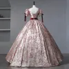 Vintage / Retro Burgundy Painted Floral Prom Dresses 2023 Square Neckline Short Sleeve Floor-Length / Long A-Line / Princess Quinceañera Formal Dresses