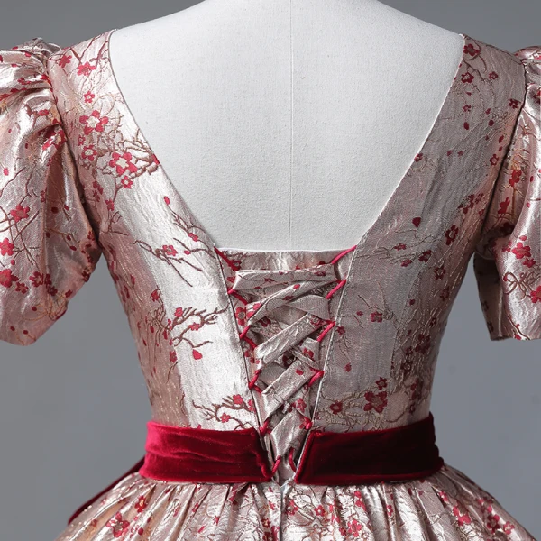 Vintage / Retro Burgundy Painted Floral Prom Dresses 2023 Square Neckline Short Sleeve Floor-Length / Long A-Line / Princess Quinceañera Formal Dresses