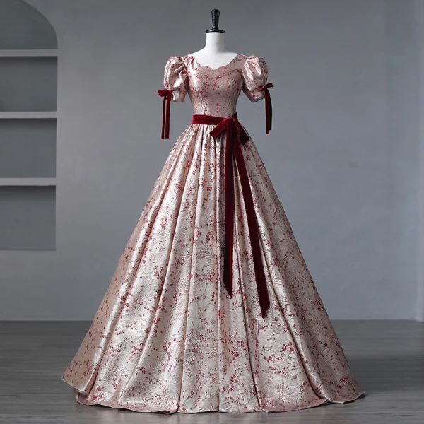 Vintage / Retro Burgundy Painted Floral Prom Dresses 2023 Square Neckline Short Sleeve Floor-Length / Long A-Line / Princess Quinceañera Formal Dresses