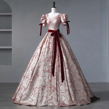 Vintage Originale Bordeaux Peinte Florale Robe De Bal 2023 Encolure Carrée Manches Courtes Longue Princesse Quinceañera Robe De Cérémonie