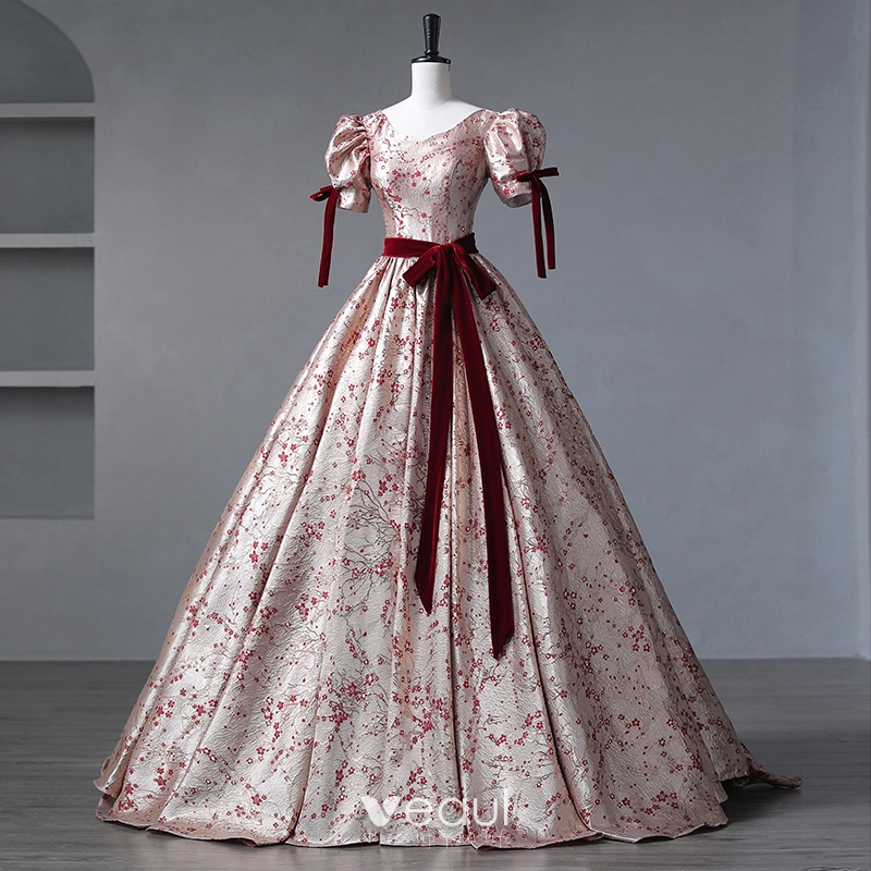 Vintage Borgona Pintado Floral Vestidos de gala 2023 Escote Cuadrado Manga Corta Largos A Line Princess Quinceanera Vestidos Formales