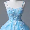 Flower Fairy Sky Blue Prom Dresses 2023 Spaghetti Straps Formal Dresses Tulle Sleeveless Homecoming Ball Gown