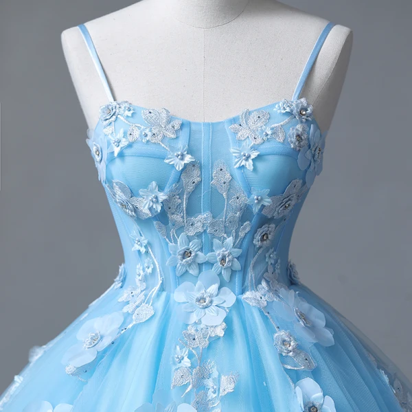 Flower Fairy Sky Blue Prom Dresses 2023 Spaghetti Straps Formal Dresses