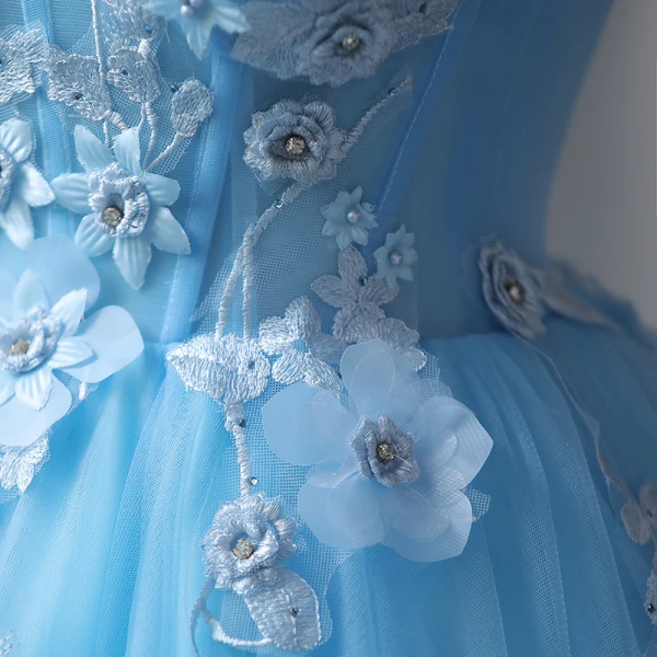 Flower Fairy Sky Blue Prom Dresses 2023 Spaghetti Straps Formal Dresses Tulle Sleeveless Homecoming Ball Gown