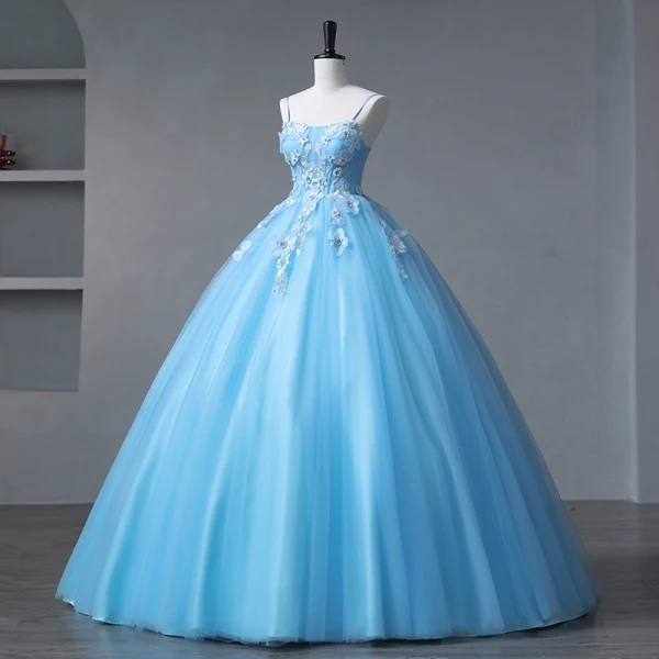 Flower Fairy Sky Blue Prom Dresses 2023 Spaghetti Straps Formal Dresses Tulle Sleeveless Homecoming Ball Gown