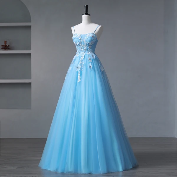 Flower Fairy Sky Blue Prom Dresses 2023 Spaghetti Straps Formal Dresses Tulle Sleeveless Homecoming Ball Gown