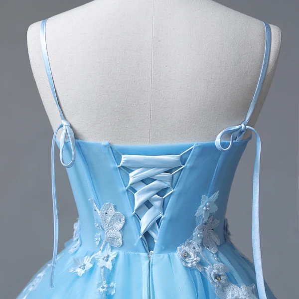 Flower Fairy Sky Blue Prom Dresses 2023 Spaghetti Straps Formal Dresses Tulle Sleeveless Homecoming Ball Gown