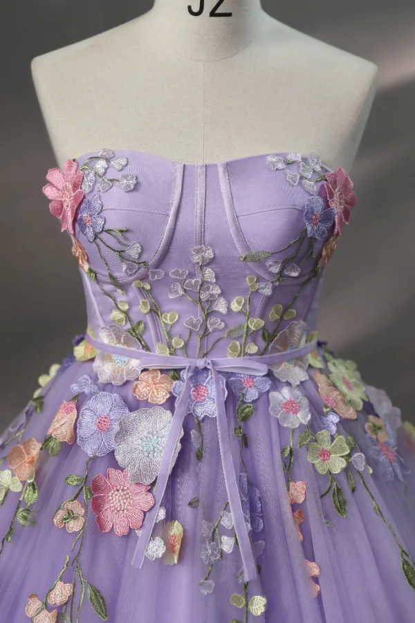 Flower Fairy A-Line / Princess Corset Prom Dresses 2023 Lavender Lace Flower Sleeveless Dancing Formal Dresses
