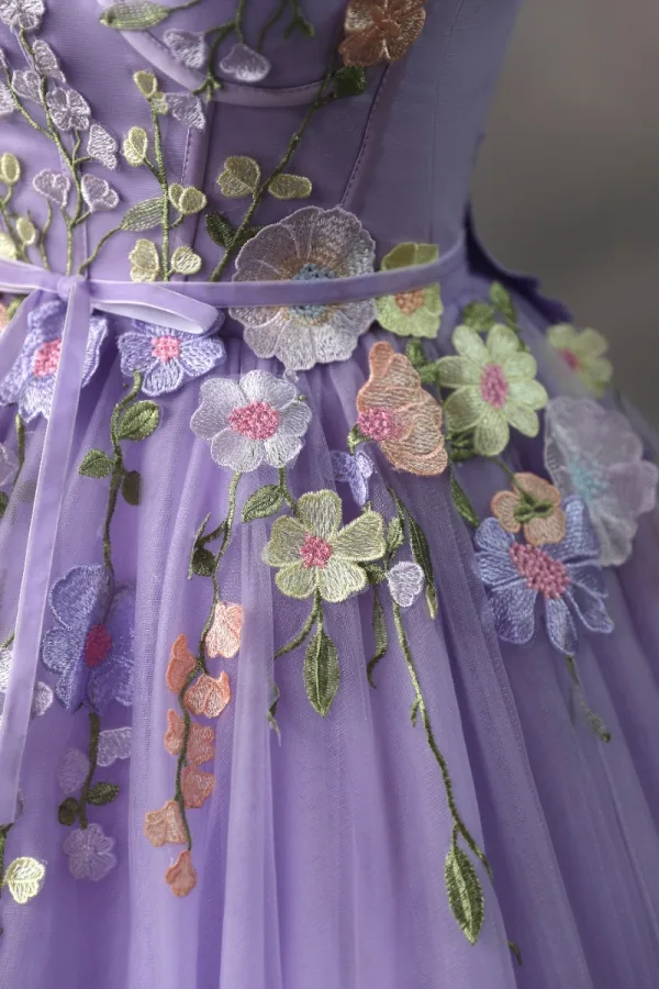 Flower Fairy A-Line / Princess Corset Prom Dresses 2023 Lavender Lace Flower Sleeveless Dancing Formal Dresses