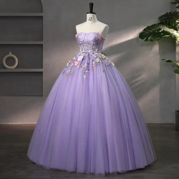 Flower Fairy A-Line / Princess Corset Prom Dresses 2023 Lavender Lace Flower Sleeveless Dancing Formal Dresses