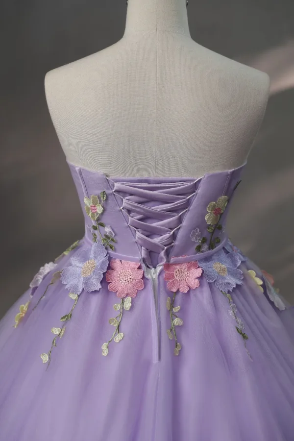 Flower Fairy A-Line / Princess Corset Prom Dresses 2023 Lavender Lace Flower Sleeveless Dancing Formal Dresses