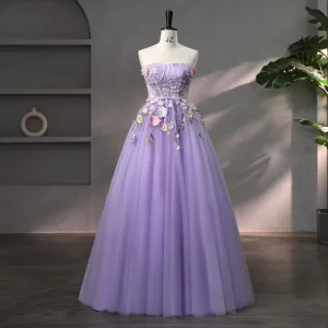 Blomsterfe Prinsesse Korsett Ballkjoler 2023 Lavendel Blonder Blomst Uten Ermer Dancing Formelle Kjoler