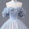 Fancy Sky Blue Prom Dresses 2023 Laser Short Sleeve Crossed Straps Floor-Length / Long Dancing Formal Dresses