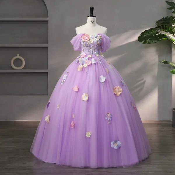 Fairytale A-Line / Princess Lilac Prom Dresses 2023 Strapless Engagement Outdoor / Garden Ball Gown Flower Formal Dresses