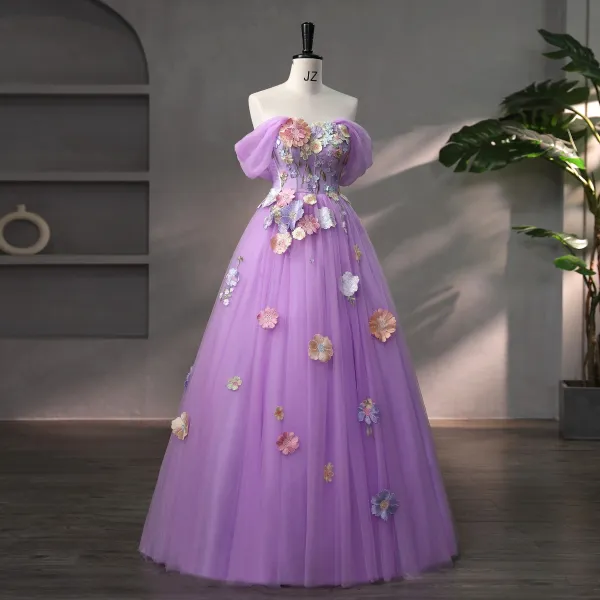 Cuento de Hadas A-Line / Princess Lila Vestidos de gala 2023 Sin Tirantes De Compromiso Exterior / Jardín Ball Gown Flor Vestidos Formales