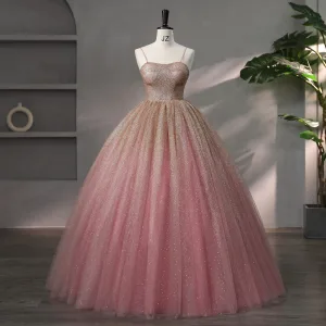 Błyszczące Suknia Balowa Ciemny Róż Sukienki Na Bal 2023 Spaghetti Pasy Bez Rękawów Quinceañera Cekinami Sukienki Wizytowe