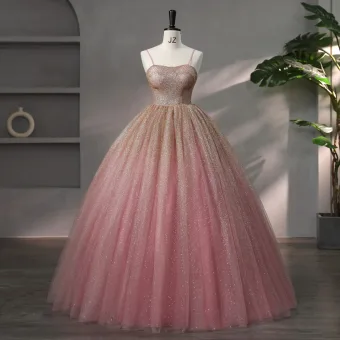 Sparkly Ball Gown Dusky Pink Prom Dresses 2023 Spaghetti Straps Sleeveless Quinceañera Glitter Formal Dresses